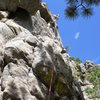 The line for Geek in the Creek - the first bolt is slightly to the left of the rope in the middle of the picture, then goes up and a bit right finishing with a couple reachy moves to the anchors, with good hands to the far right.  