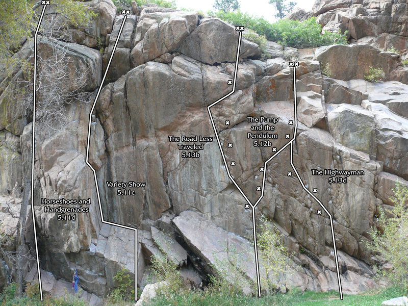 A beta image of the routes at Deer Creek Crag in Denver. I guess this has already been done, but I made this one both for readability and for the addition of the ratings for the routes.