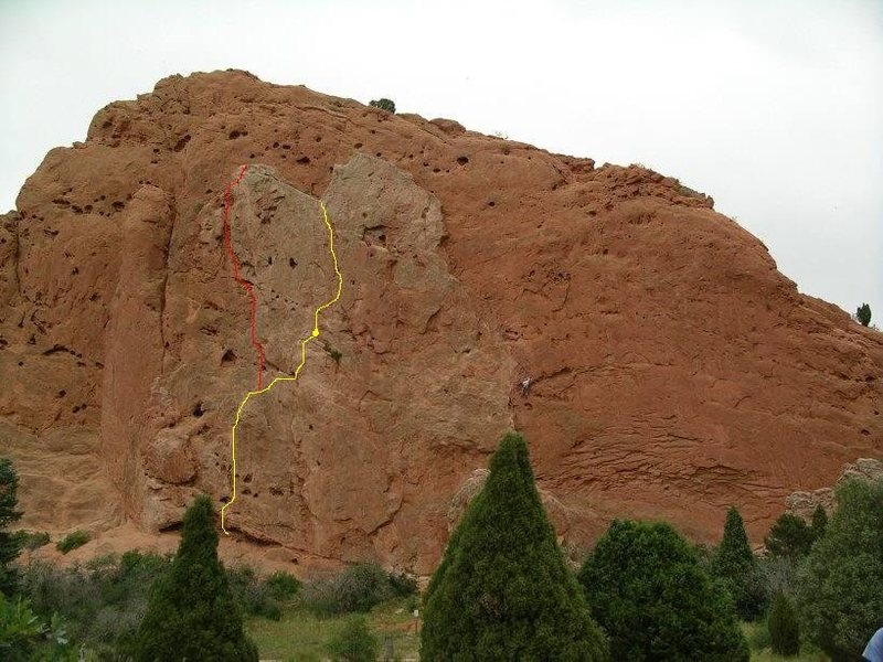 I copied this photo from the South Gateway Rock page and added the yellow line showing the Pipe Route, and the red line showing the second pitch of the Indian Head route.  I hope it helps.