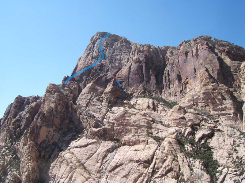 Another view of the north face of Cactus Flower Tower, showing the Blood Wall approach.