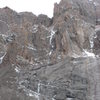 The route Joe's Solo in lean (fun) but poorly bonded conditions on 9-28-08.  Joe's Solo is in the center of the picture while the Eighth Route is on the far left and the base of The Notch Couloir is on the far right. Photo by Chris Sheridan.