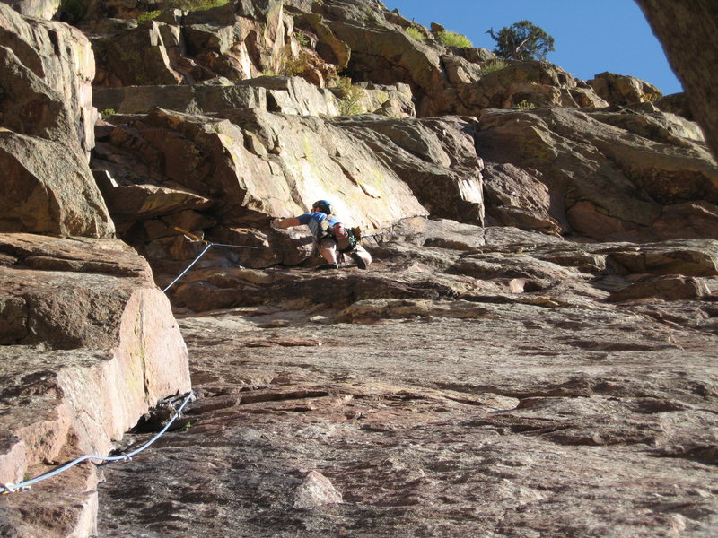 Adam Berger on lead of P1 of Calypso - Eldorado Canyon.