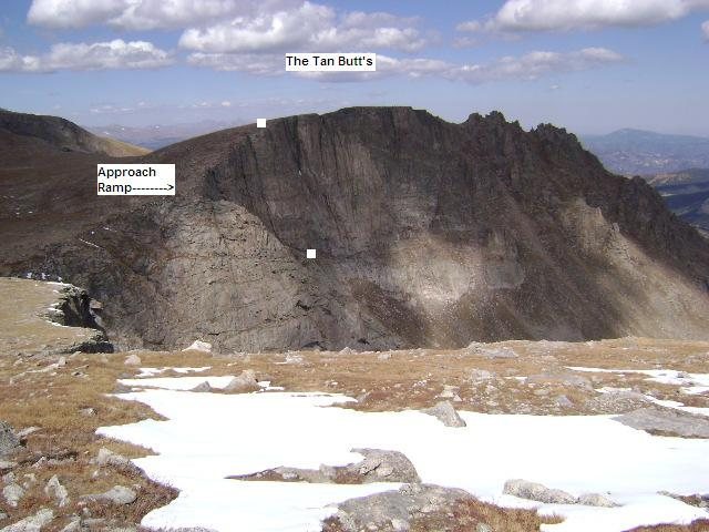 A general photo of The Tan Buttresses.
<br>

<br>
The white dots show the general beginning and end to the route "Noth'n but a good time".