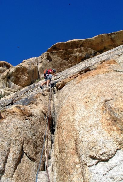 Jonny finding a fun trad climb in the New York Mountains of the MNP. Note the vultures circling... in the sky that is.<br>
<br>
<br>
<br>
 