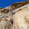 Jonny finding a fun trad climb in the New York Mountains of the MNP. Note the vultures circling... in the sky that is.<br>
<br>
<br>
<br>
 