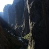 This is a beautiful place to climb!  Looking up canyon from midway up the route.