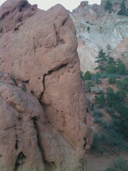 The route follows the obvious south ridge.  The bottom part of the route is cut off in this picture, but starts directly below the obvious ridge and bulges.