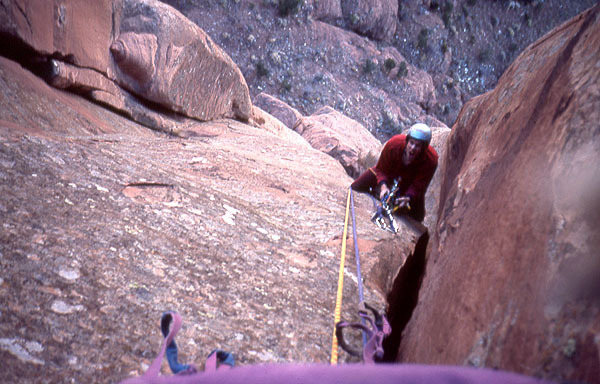 Dave Evans belays on one of the wide pitches.  Photo;  Todd Gordon