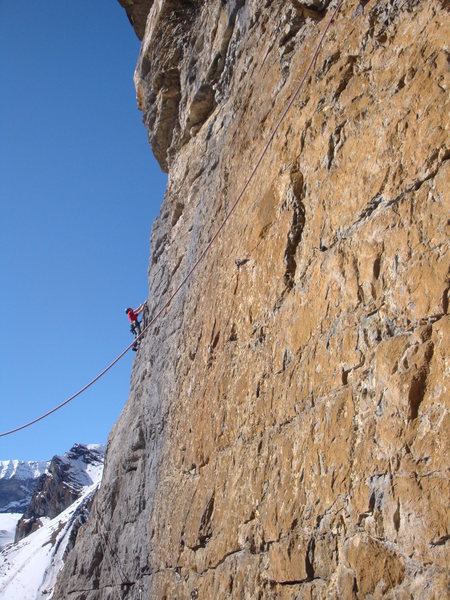 Pitch two: on the first of the two traversing pitches, about to turn the corner into steep terrain.