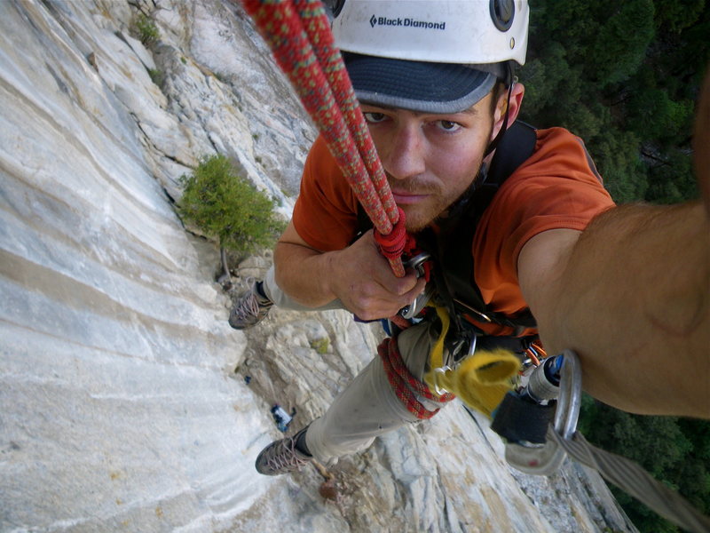 Me rapping off the first pitch of the west face of the Leaning Tower--Steep!