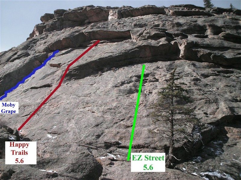 Photo shows location of 1st pitches of Moby Grape (5.7), Happy Trails (5.6), and EZ Street (5.6)