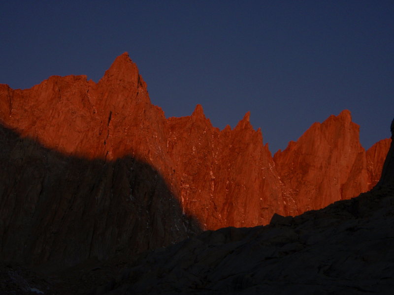 Morning alpenglow on Mount Muir, S'Brutal Tower and Aiguille Junior. 