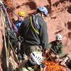 Crowded belay ledge top of P2 on Ancient Art. Some of these people were international and visiting for AAC events in Indian Creek and Boulder.