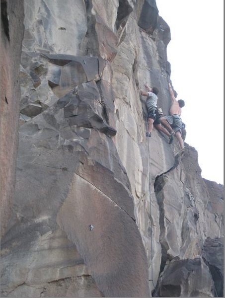 A Taos traffic jam -- Dan on Gold Rush, Steve on the upper arete of Gorge Us.