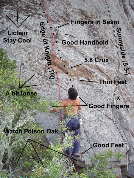 Pic showing one of the adjacent TR routes. Klis gets the first TR and named it "The Edge of Knight". Some fun 5.8-ish moves. The topo detail is supposed to be funny. Enjoy!