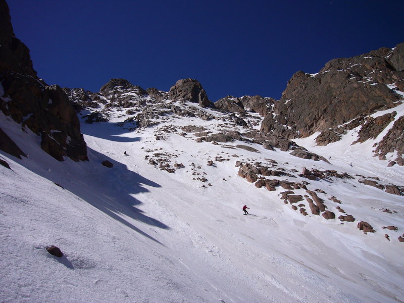 Skiing and snowboarding Pikes Peak in spring time is rough.  Soooooo many people.   This is the junction of Railroad and Y coulior.  Photo by Trask Bradbury.