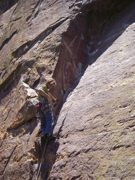 Chris Sharma enjoys a rare trad lead on the first pitch of Center Route, June 2008.