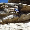 There are perfect jams in the horizontal crack that Luke's left hand is on. The crux for me is clipping the anchors above from those jams. To finish the route properly, make another move to get stemmed out to the right at the top of the corner with your waist at the anchors.