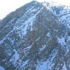 Rough Topo of the alpine simulator. When entering the gap it climbs the obvious 800ft prow in the center of the face. A super classic winter adventure!