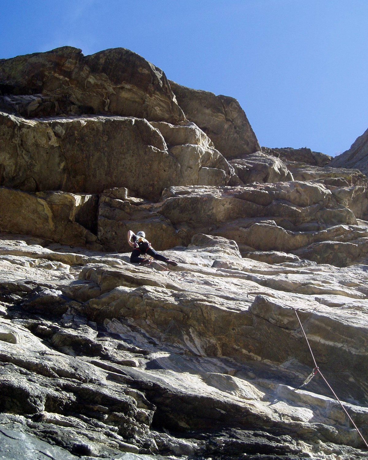 The route ends at the roof above Luke. The climbing from the crux roof