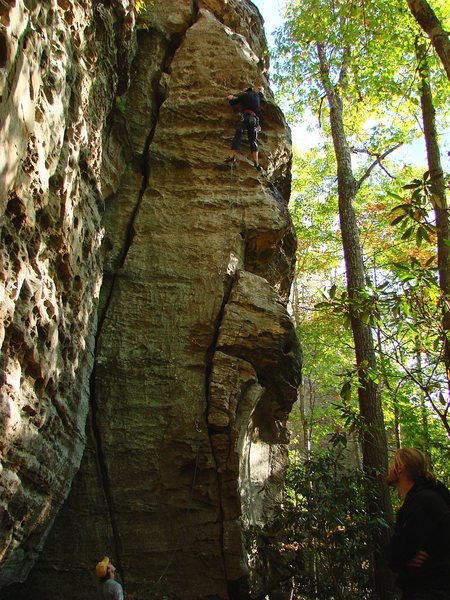 Ben climbing Family Tradition 5.10, October '08.  Photo by Jay.  