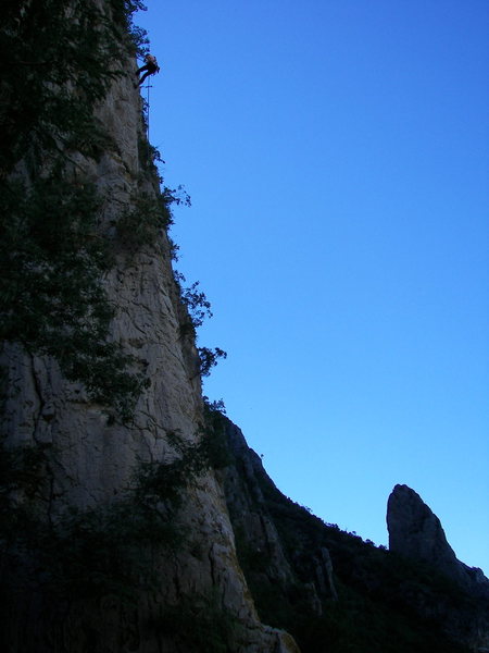 Carolyn rappelling Mr. Hanky