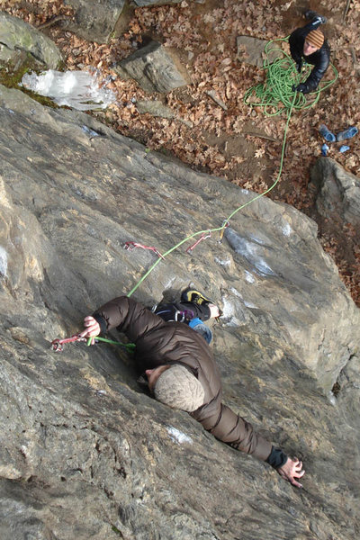Nicole kurth makes a clip from a funky rest... Jeff giving an attentive belay...