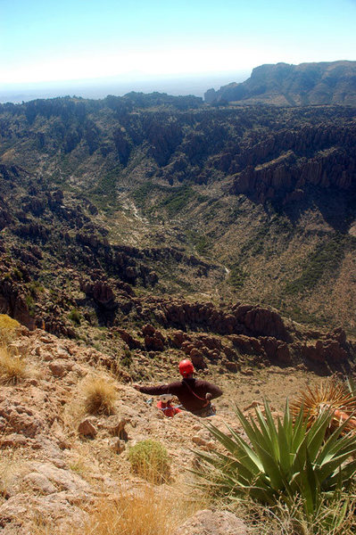 View from the summit belay/rappel station looking back at the Peralta Trail and the climber's approach trail.  This rappel is one hell of a treat!