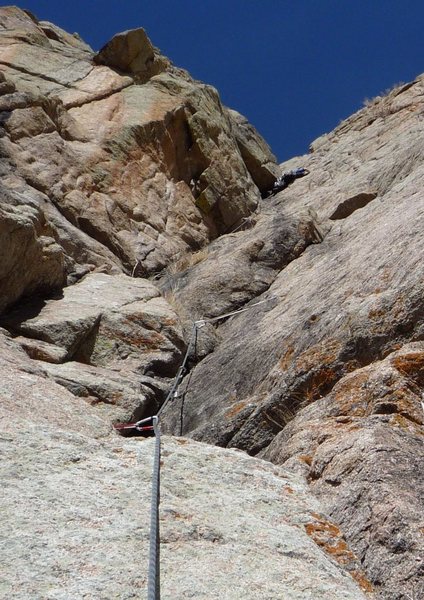 PITCH 3: Cranking Skills or Hospital Bills. Robb McLean opts for the former, stemming on the crux off width. Classic 5.9-Yosemite style! Pro is good, just bring big stuff.