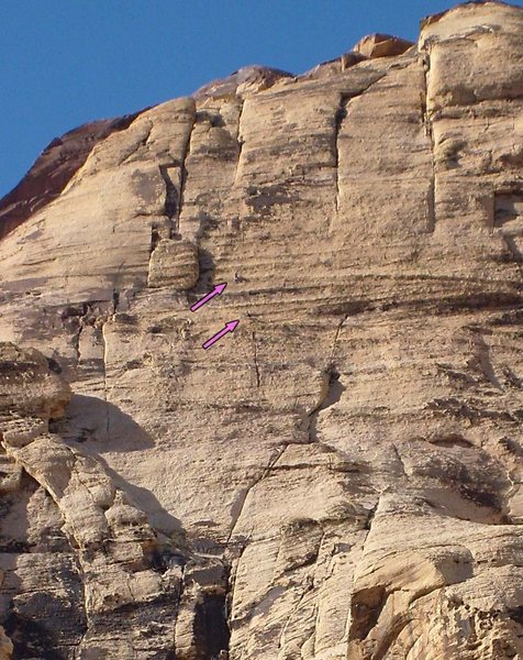 Wide open spaces-- the lower climber is at the third belay while the upper climber wanders up the fourth pitch of Heliotrope (en route to the varnished area above). 