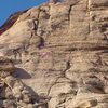 Wide open spaces-- the lower climber is at the third belay while the upper climber wanders up the fourth pitch of Heliotrope (en route to the varnished area above). 