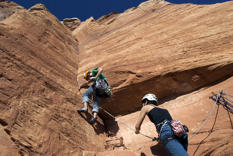 Second to last pitch, slightly sketchy rock at start, dihedral requires that you place good gear at start and punch it for a few moves...