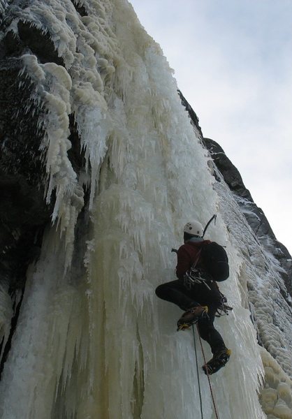 Nearing the top of the crux pillar.  Photo by Dan Wilkinson