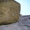 Looking up at the roof. You can also see the lieback section above and the final roof. Third pitch.