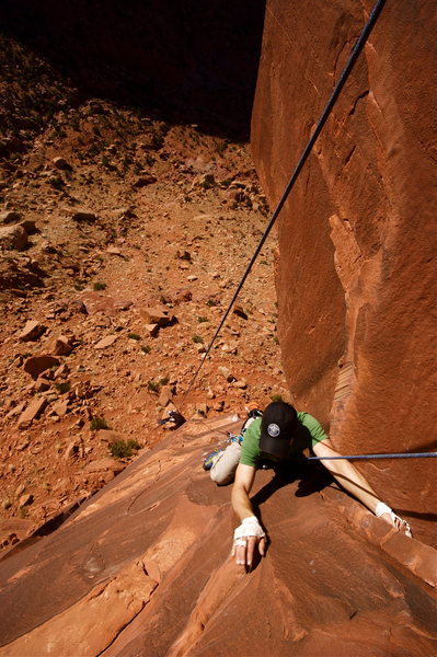 Looking down on Andrew climbing 10+ warmup climb on 2nd Meat wall