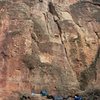 At the anchors on Kalahari Sidewinder.  We climbed the crack to the right side of the anchors and bolts.  Photo by Dave G.