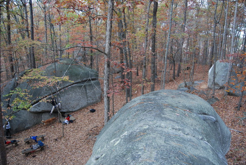 Rockhouse traverse on left, Watermelon ahead on right, photo taken from top of Firewoman boulder.