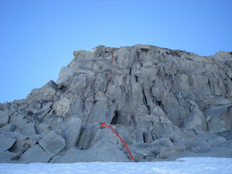 The East Face of the Middle Gunsight, as viewed from the Blue Glacier. The face looks extremely distorted from this angle.