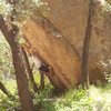 A Bob Murray V8 at Cochise Stronghold, AZ...The North face of the Fire-pit boulder 