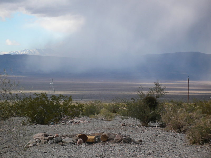 From Keyhole Canyon a localized snow storm moving SW towards the Eldorado Range.  December 25, 2008 