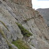 Photo of Ledge 1 looking northeast toward the bottom of Arrowhead Spire.  This ledge can be traversed (class 3) to approach or escape from routes on Arrowhead Spire and the East Buttress.