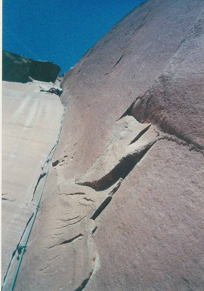 Leading the crux pitch, somewhere near the pod, April 2003.