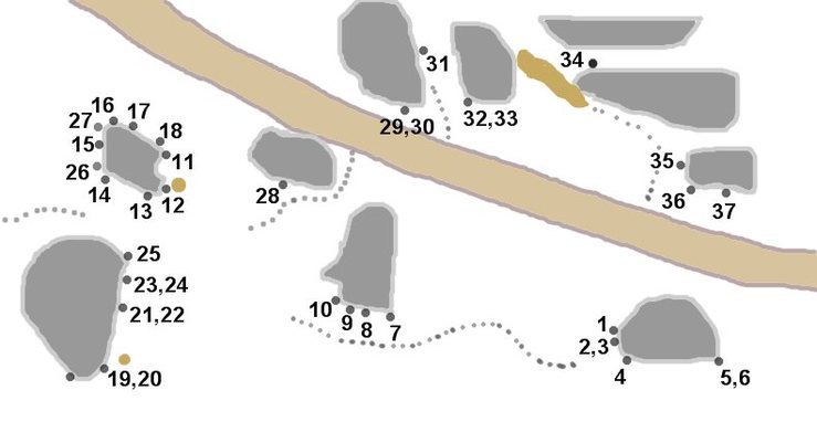 1.  Layback V0<br>
2.  Unamed V0<br>
3.  Trent's Problem V0+<br>
4.  One Move V3+<br>
5.  The Hoover Traverse V1<br>
6.  Marco's SDS V3<br>
7.  Split Tip V3+<br>
8.  Dot Com V3<br>
9.  Unamed V1-<br>
10. Compressed V2<br>
11. Unamed V4<br>
12. Full Court Press V3<br>
13. Low Rider V3<br>
14. Unamed V2<br>
15. Happy Feet V0-<br>
16. Old Man Willow V3-<br>
17. Unamed V6<br>
18. Shopping For Blood V8<br>
19. Ecocide V10<br>
20. Nate's Variation V8+<br>
21. Goldfinger V10<br>
22. Goldfinger Low V11-<br>
23. Unamed (aka The Iron Cross)V8<br>
24. Precious Metals V2<br>
25. The Grunge V2-<br>
26. Memphis V0+<br>
27. Lovelace V1<br>
28. Oddworld V6<br>
29. Big boss V4<br>
30. Project? V?<br>
31. Unamed V2<br>
32. The Lip V3<br>
33. The Lip Low V5<br>
34. Closet Case V2<br>
35. Unamed V3<br>
36. Unamed V5<br>
37. Unamed V4?<br>
 