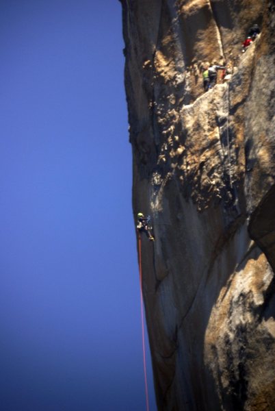 Nearing the end of the headwall, with Long ledge visible in the upper right.<br>
Photo by Tom Evans