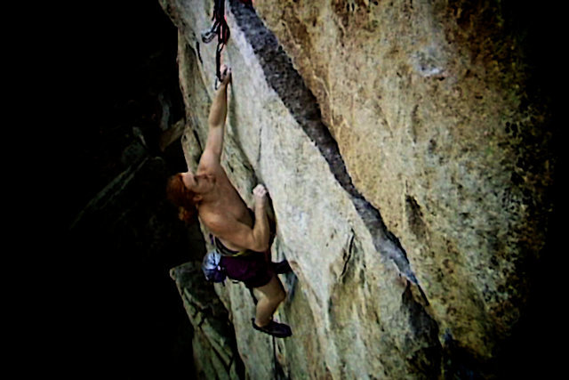 Luke polishes of the final crux move on the Traps classic "The Sting".  The Gunks.  New Paltz, NY.