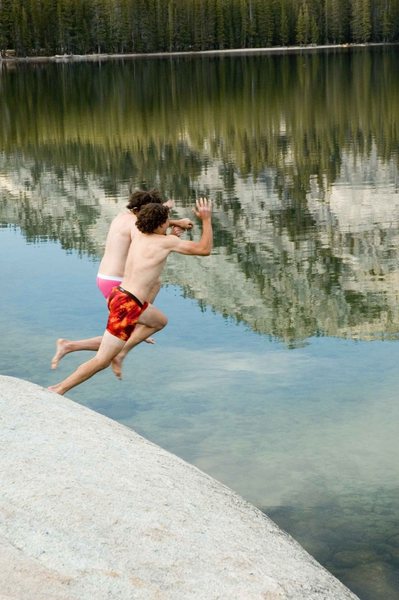 Did not really want to see this but took a shot as blackmail material. Ripper and Bryce taking a quick jump in Tenya Lake after a day of climbing. The pink is great, and to think, these guys are out there guiding and have AMGA certifications.