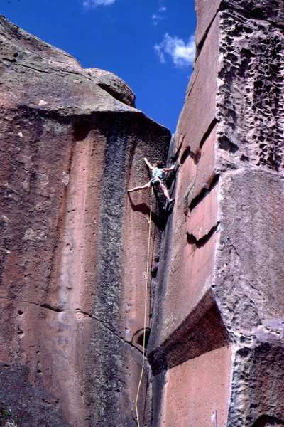 Steve Mestdagh climbing at Penitente, photo: Bob Horan.