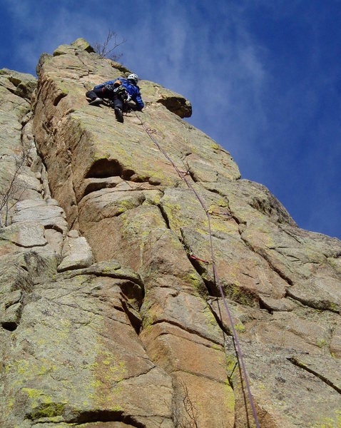 Luke at the crux and the two bolts.