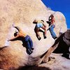 Steve Schneider, Banny Root and Mike Paul having fun on Stem Gem (V4), Joshua Tree.
<br>

<br>
 Photo by Alan Nelson.