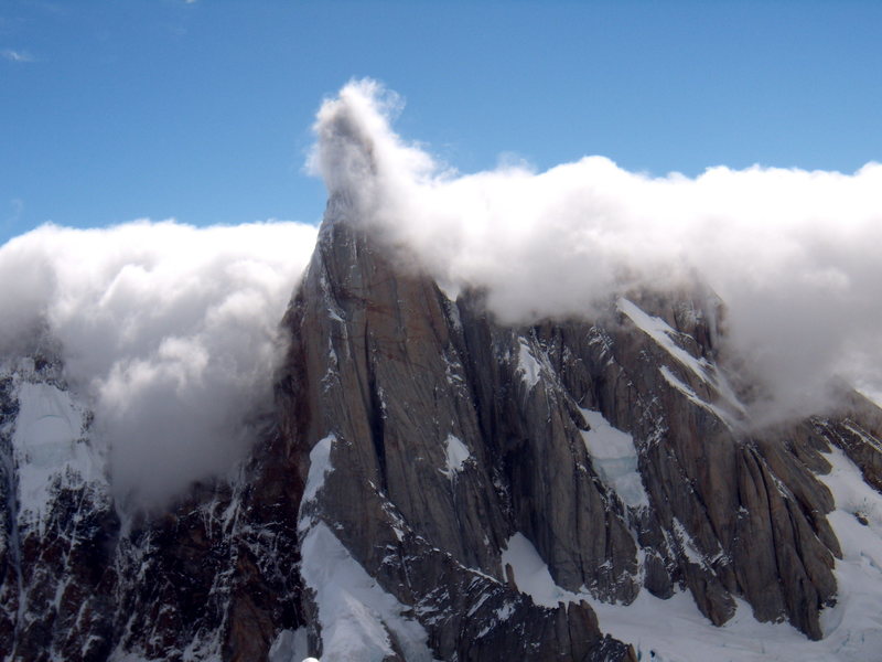 Cerro Torre.  Clouds pouring in from the ice-cap-  January 2009.